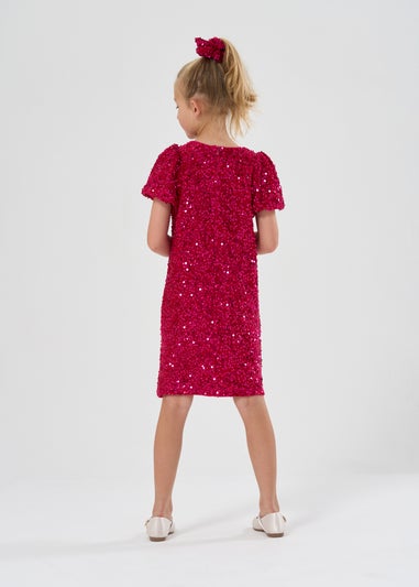 Miss Girls Pink Sequin Shift Dress & Matching Scrunchie Outfit Set (7-12 yrs)