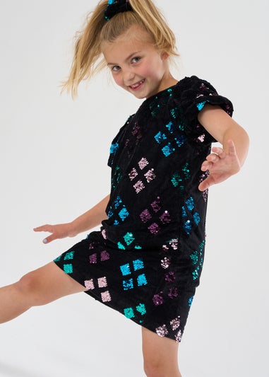 Miss Girls Black Sequin Shift Dress & Matching Scrunchie Outfit Set (7-12 yrs)