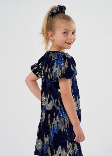 Miss Girls Navy Sequin Shift Dress & Matching Scrunchie Outfit Set (7-12 yrs)