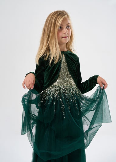 Miss Green Sequin Waterfall Dress With Fur Bolero Outfit Set (3-8 yrs)