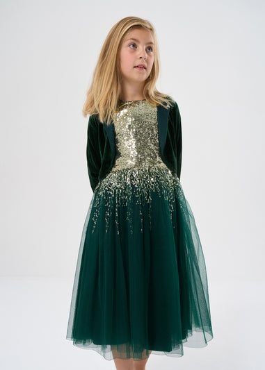 Miss Green Sequin Waterfall Dress With Fur Bolero Outfit Set (3-8 yrs)