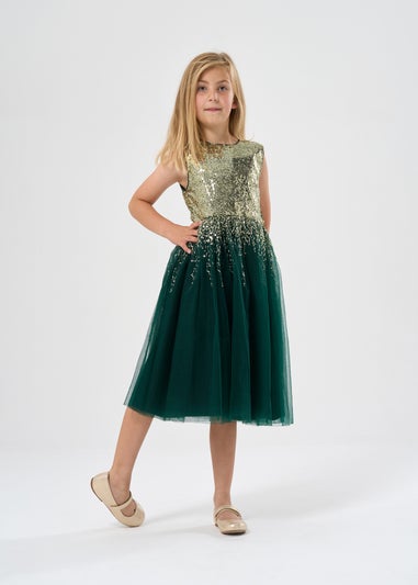 Miss Green Sequin Waterfall Dress With Fur Bolero Outfit Set (3-8 yrs)