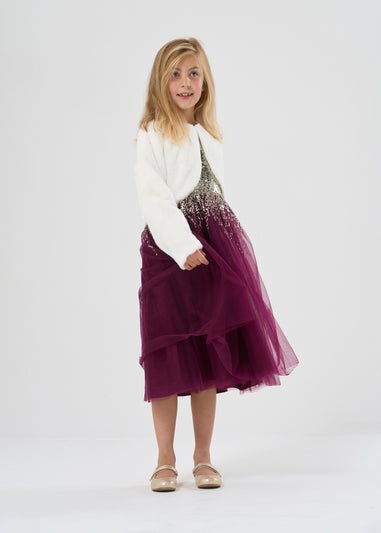 Miss Red Sequin Waterfall Dress With Fur Bolero Outfit Set (3-8 yrs)