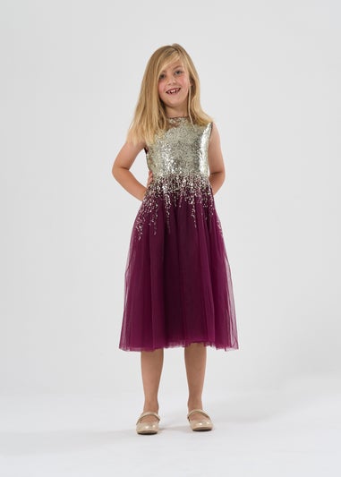 Miss Red Sequin Waterfall Dress With Fur Bolero Outfit Set (3-8 yrs)