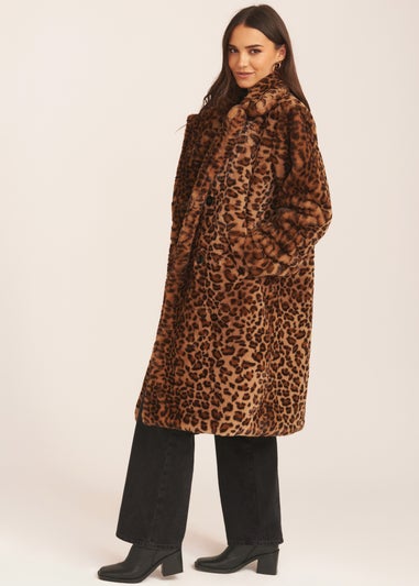 Gini London Brown Leopard Double Breasted Longline Furcoat