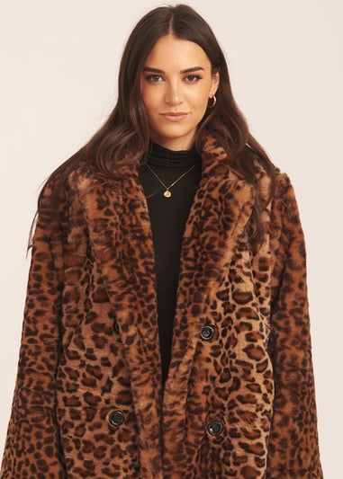 Gini London Brown Leopard Double Breasted Longline Furcoat