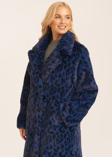 Gini London Navy Leopard Double Breasted Longline Furcoat