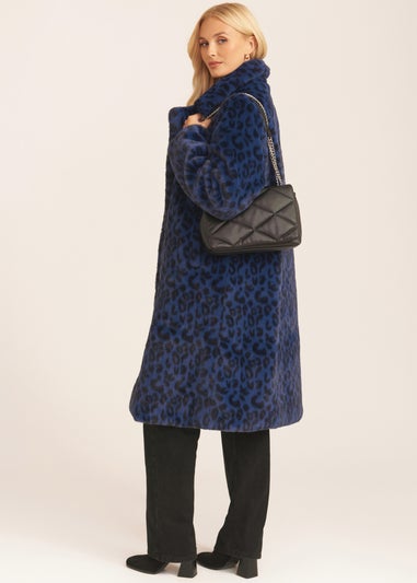 Gini London Navy Leopard Double Breasted Longline Furcoat