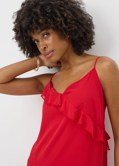Red Frill Strappy Midi Dress