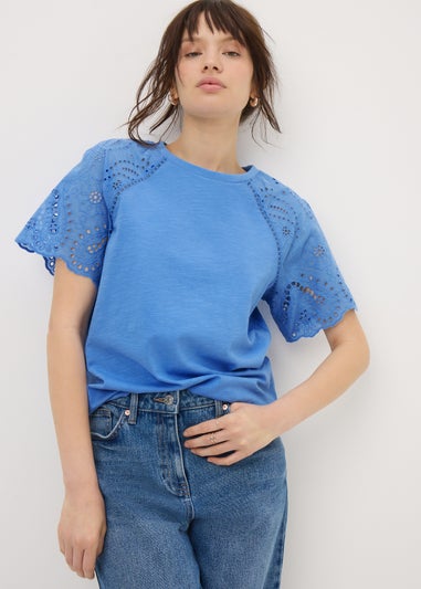 Blue Broderie Anglaise Raglan Sleeve T-Shirt