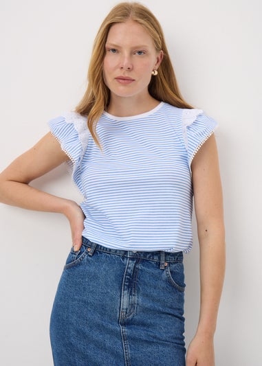 Blue Stripe Broderie Frill Sleeve T-Shirt