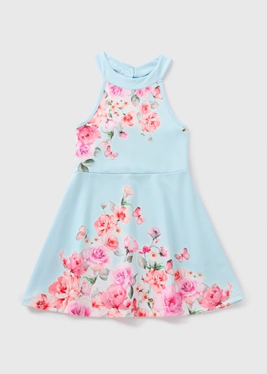 Girls Blue Floral Scuba Dress (7-15yrs)