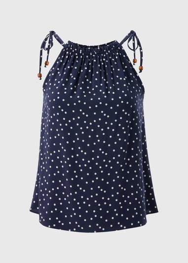 Navy Polka Dot High Neck Tie Cami Top