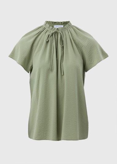 Sage Green Boho Tie Neck Short Sleeve Blouse