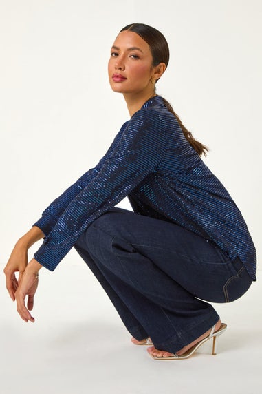 Roman Blue Sequin V-Neck Stretch Shirt