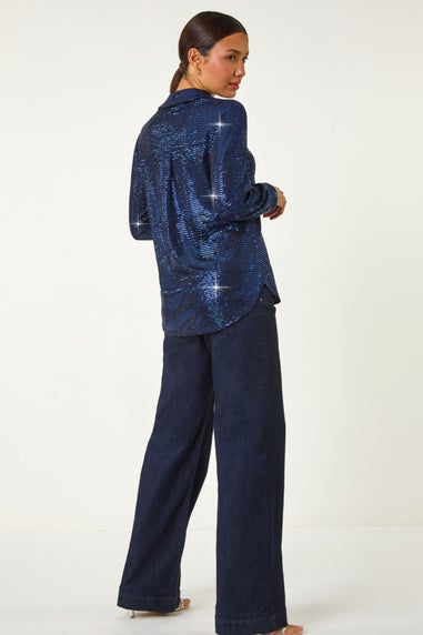 Roman Blue Sequin V-Neck Stretch Shirt