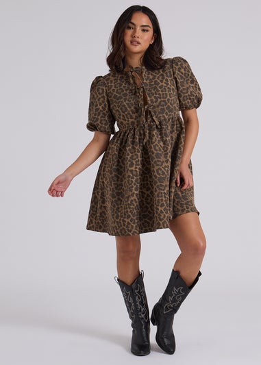 Urban Bliss Brown Leopard Tie Front Smock Dress