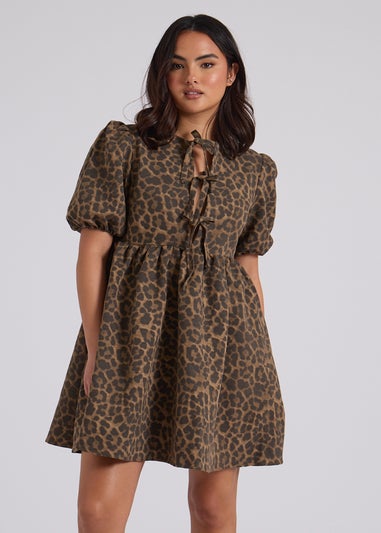 Urban Bliss Brown Leopard Tie Front Smock Dress