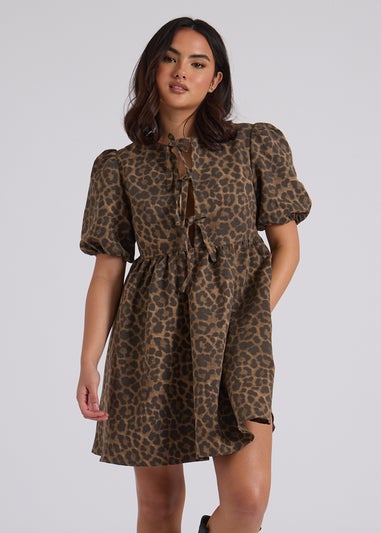 Urban Bliss Brown Leopard Tie Front Smock Dress