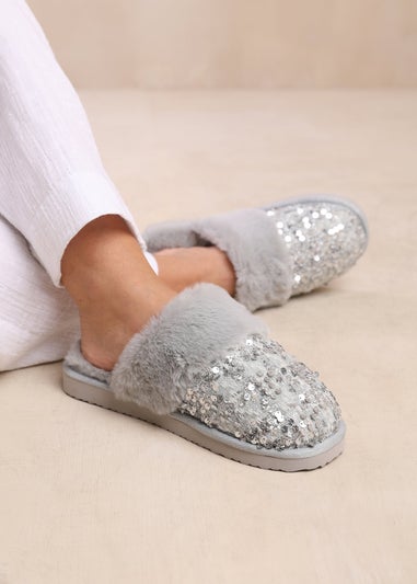 Where's That From Grey Cozy Slip On Sequin Slippers