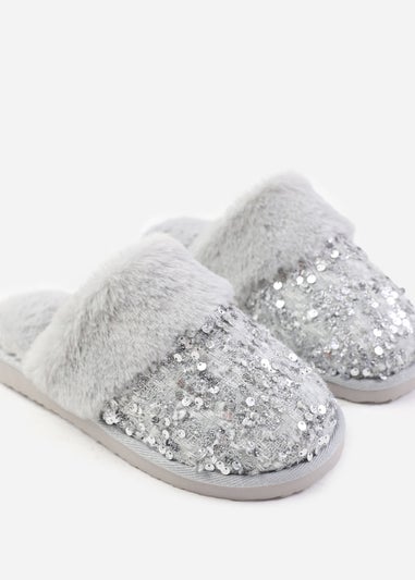 Where's That From Grey Cozy Slip On Sequin Slippers