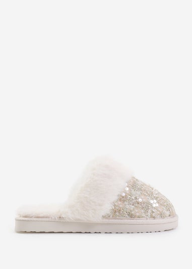 Where's That From Beige Cozy Slip On Sequin Slippers