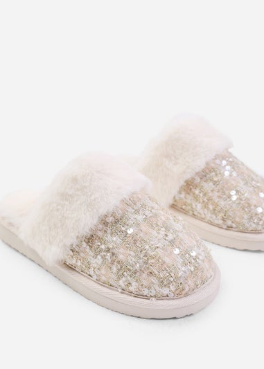 Where's That From Beige Cozy Slip On Sequin Slippers