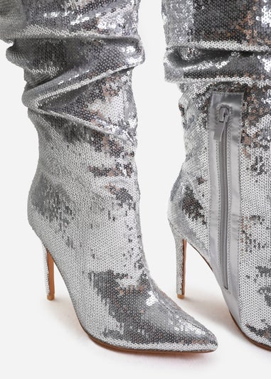 Where's That From Silver Sparkle Below Knee Sequin Slouch Boots