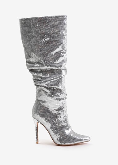 Where's That From Silver Sparkle Below Knee Sequin Slouch Boots