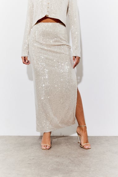 In The Style Gold Sequin Slit Midi Skirt