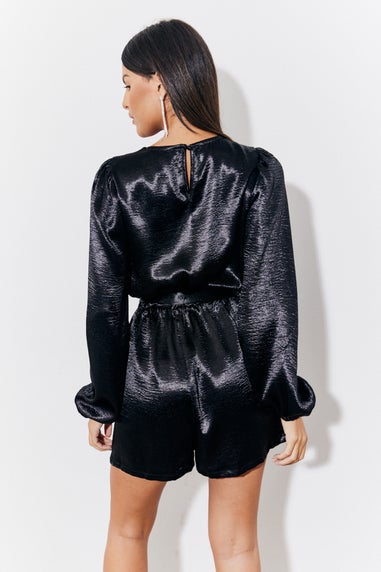 In The Style Black Liquid Satin Belted Detail Playsuit