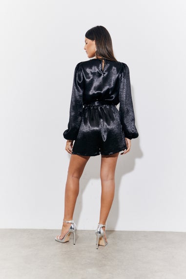 In The Style Black Liquid Satin Belted Detail Playsuit