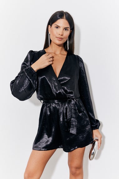 In The Style Black Liquid Satin Belted Detail Playsuit