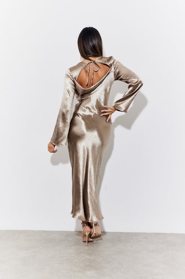 In The Style Bronze Liquid Satin Bias Cut Maxi Dress