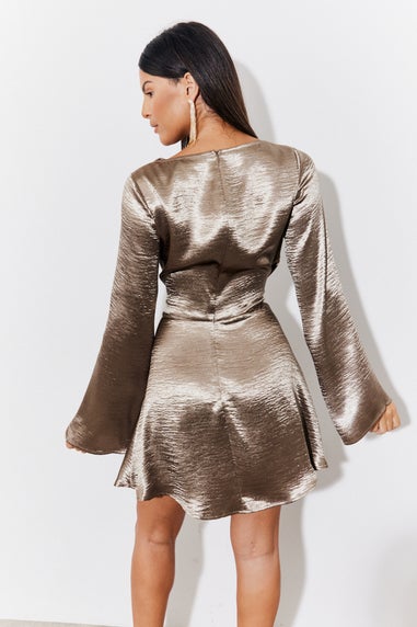 In The Style Bronze Mini Flare Sleeve Satin Dress