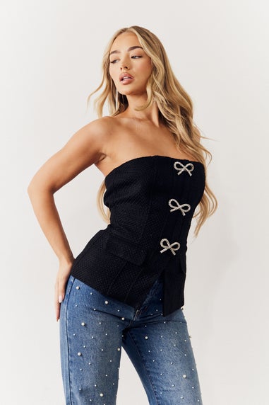 In The Style Black Embellished Button Bandeau Tailored Top