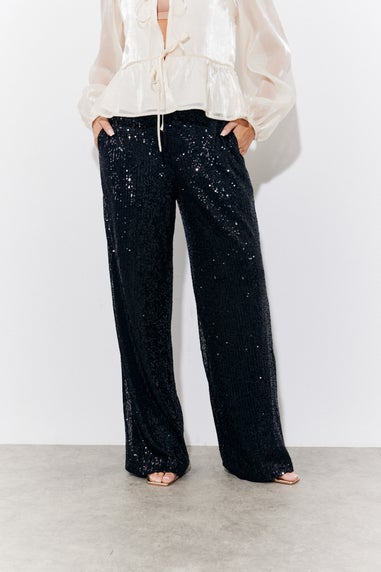 In The Style Black Sequin Wide Leg Trouser