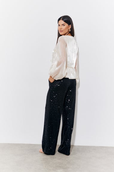 In The Style Black Sequin Wide Leg Trouser