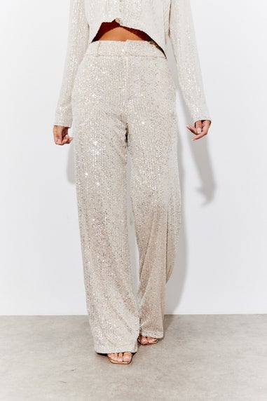 In The Style Silver Sequin Wide Leg Trouser