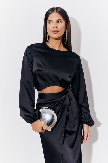 In The Style Black Curved Hem Satin Top