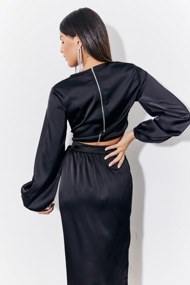 In The Style Black Curved Hem Satin Top