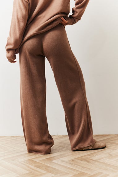 In The Style Mocha Knitted Wide Leg Co Ord Jogger