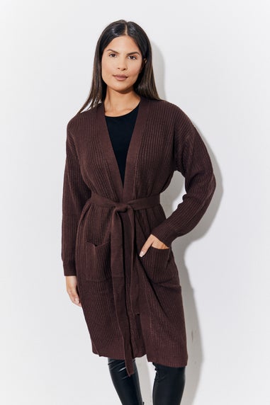 In The Style Chocolate Longline Belted Knitted Cardigan