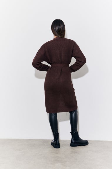 In The Style Chocolate Longline Belted Knitted Cardigan