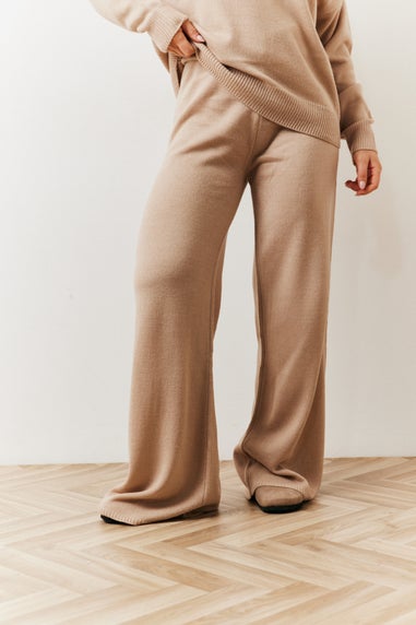 In The Style Oatmeal Knitted Wide Leg Co Ord Jogger