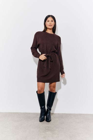 In The Style Chocolate Belted Knitted Jumper Dress