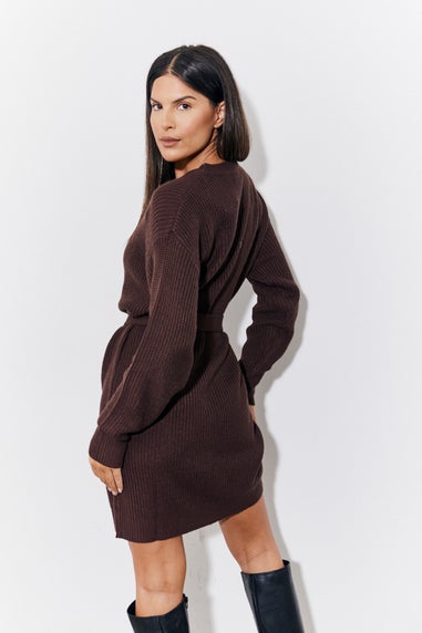 In The Style Chocolate Belted Knitted Jumper Dress