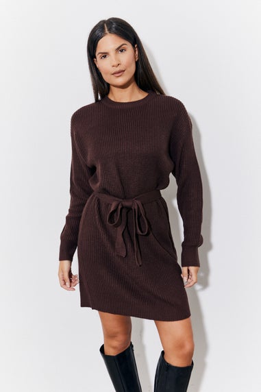 In The Style Chocolate Belted Knitted Jumper Dress