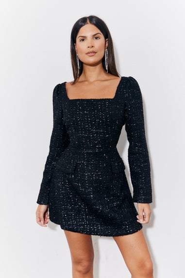 In The Style Black Tweed Fit & Flare Mini Dress