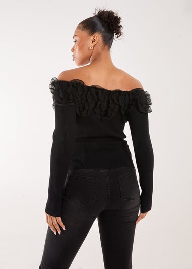 Pink Vanilla Black Ruffle Bardot Knit Top